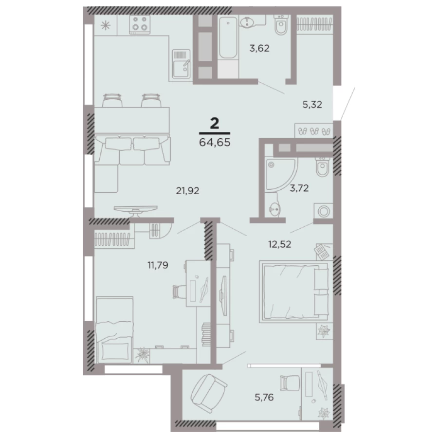 2-ая квартира площадью 64,65 м2 с комфортной планировкой